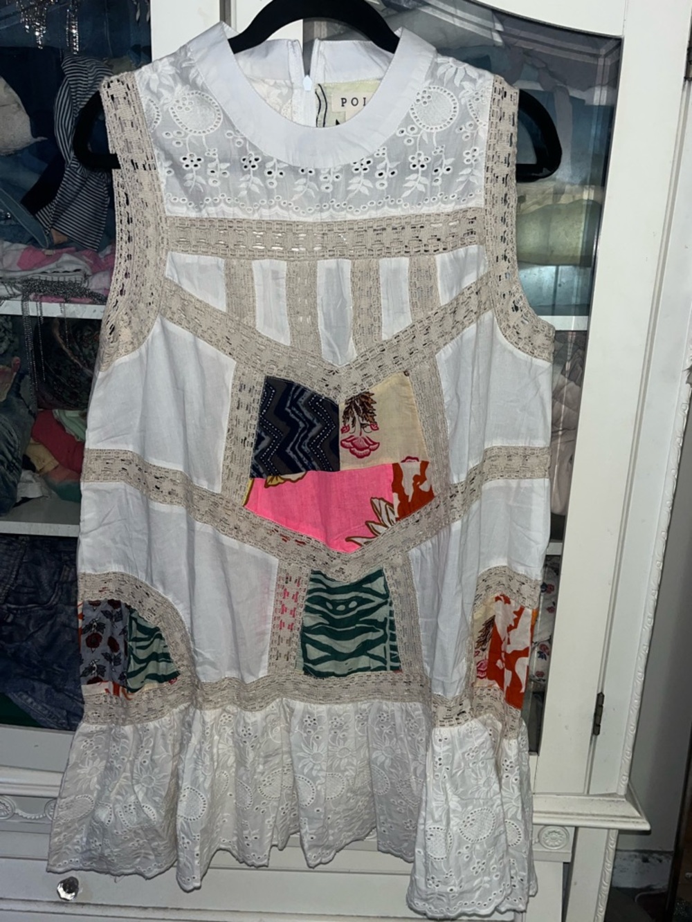 🤍NWOT POL size Small White Eyelet Patchwork Mini Dress with Multicolor Accents
